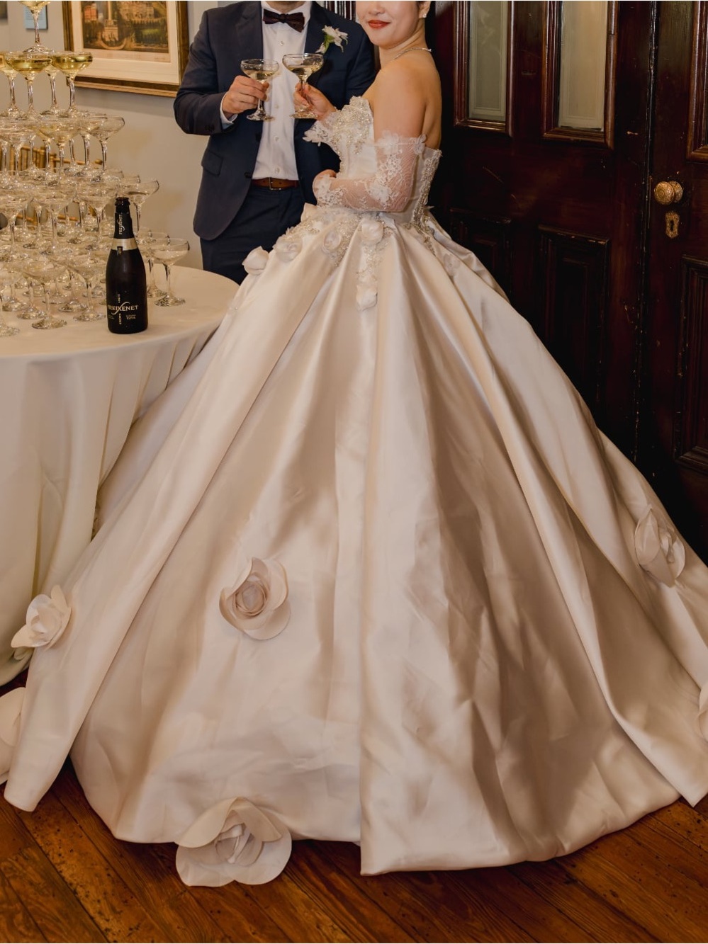 3D crystal Cream Satin Floral Accent Ball Gown Skirt